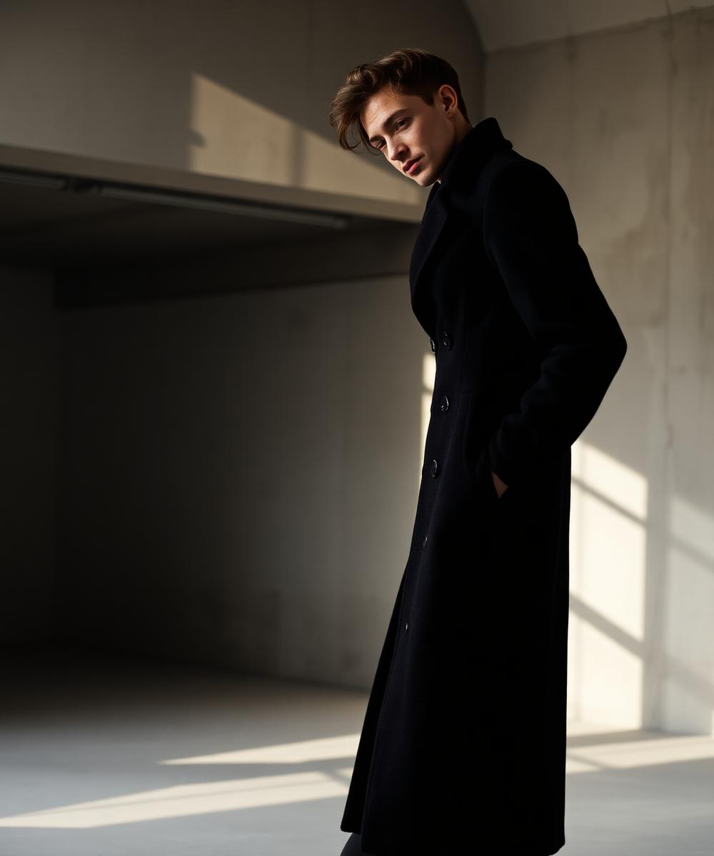 Model in a charcoal wool overcoat